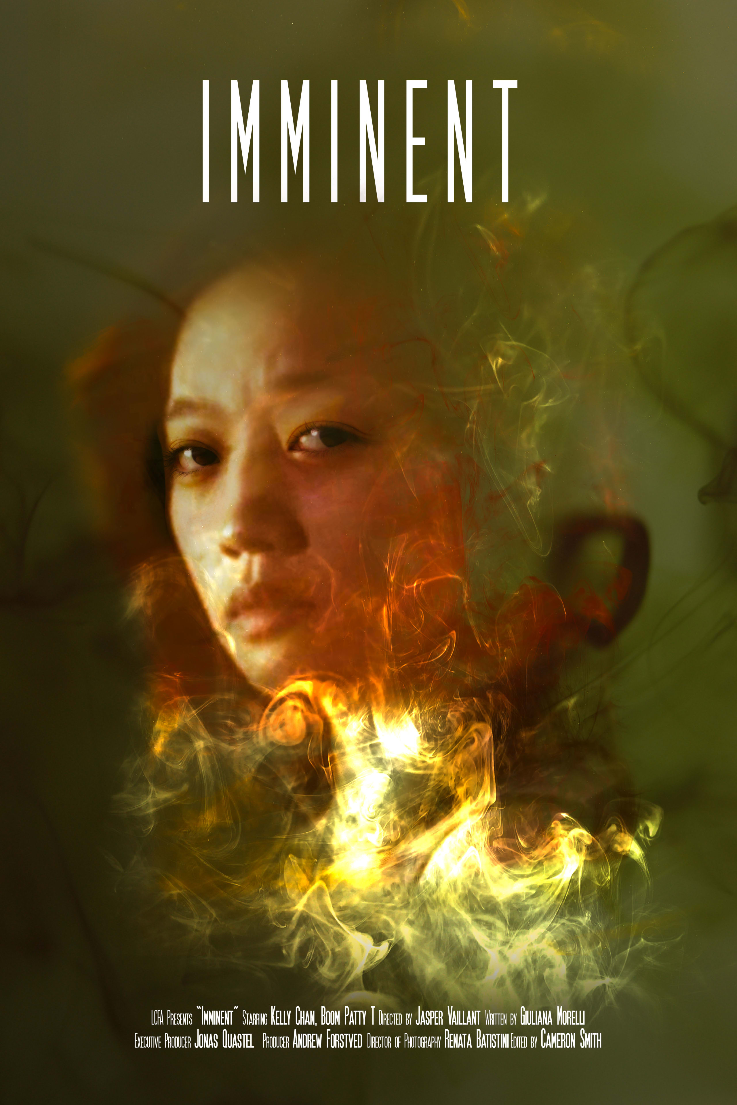 A movie poster for Imminent, with a woman's face inside smoky graphic layers.