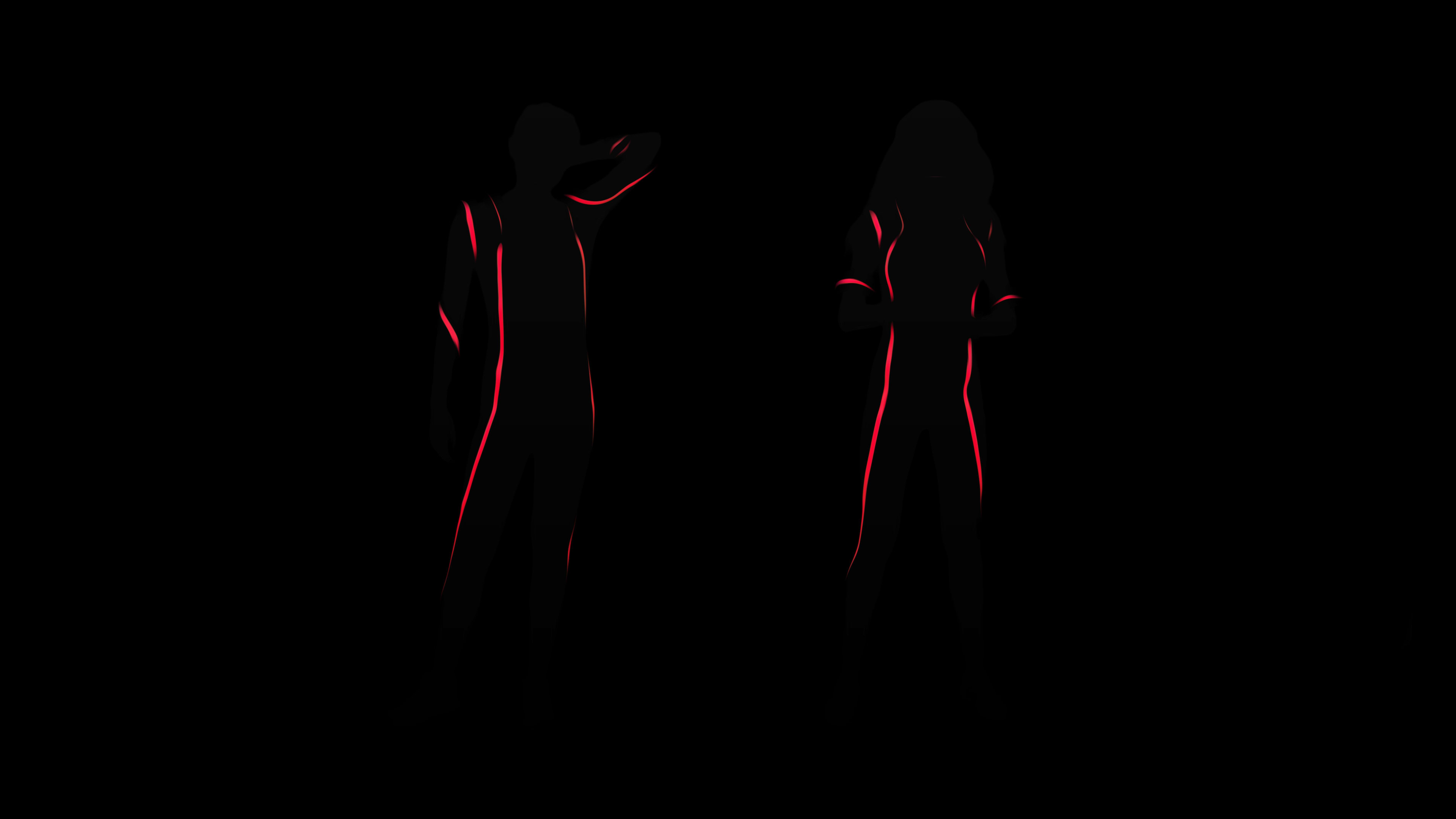 Two silhouetted figures are depicted against a stark black background, illuminated by red lines that define their forms.