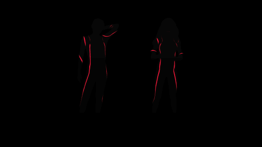 Two silhouetted figures are depicted against a stark black background, illuminated by red lines that define their forms.