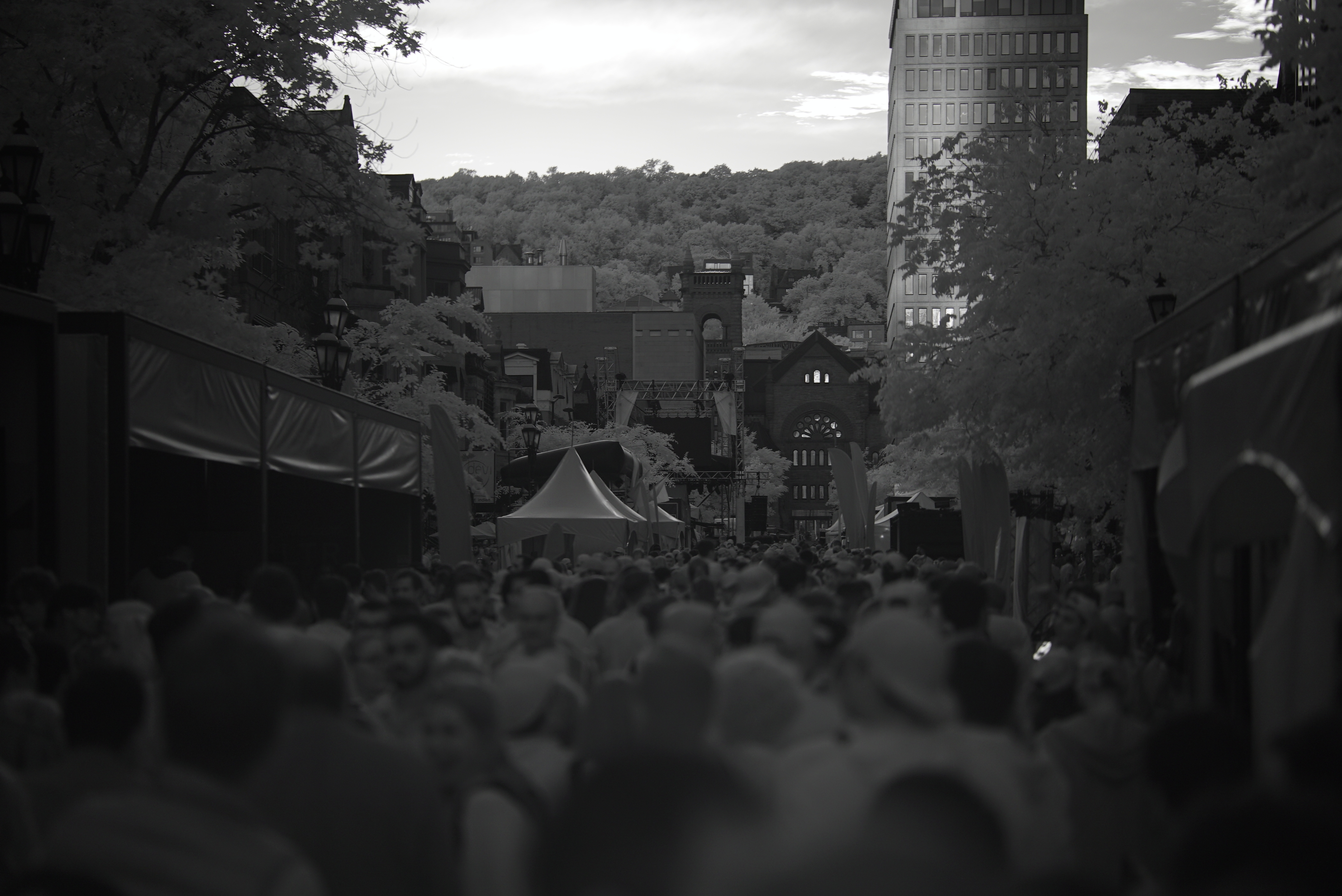 A crowd on Montréal's Rue Crescent imaged in deep IR