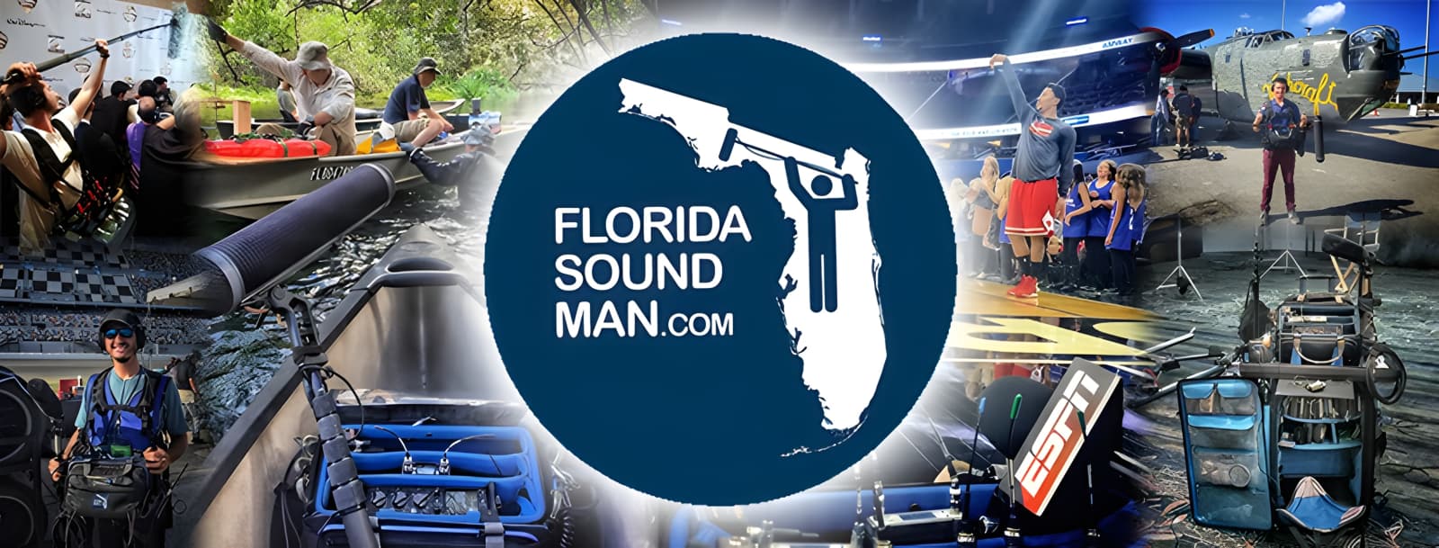 Florida Sound Man banner, Joe on location for ESPN, on the water, in the field and on set
