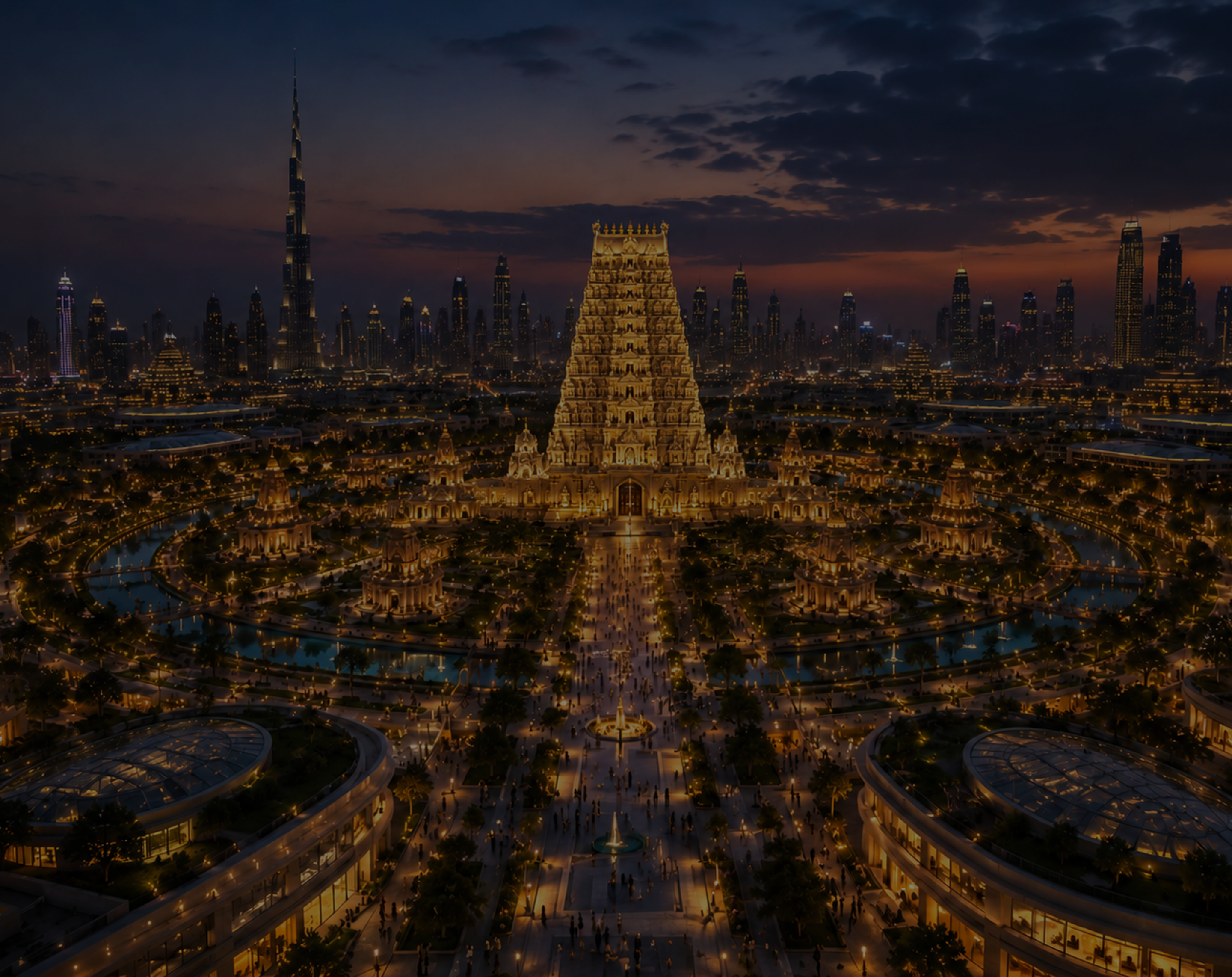 Night aerial view of glowing civilization with illuminated temple skyline