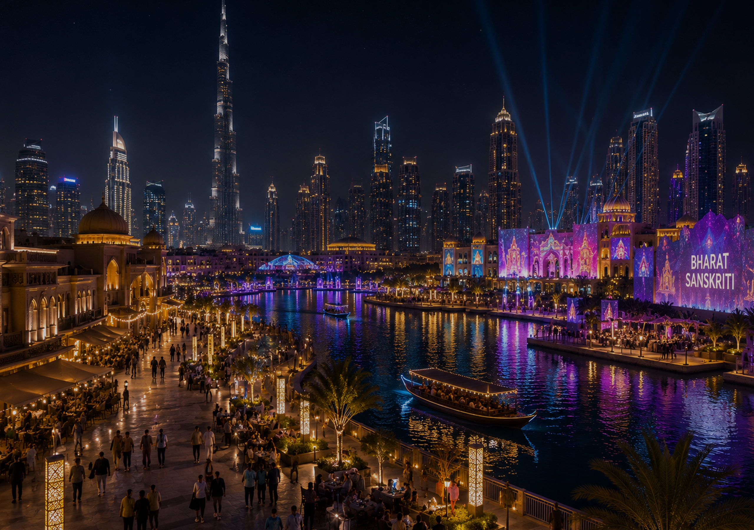 Glowing waterfront promenades with reflective canals at night