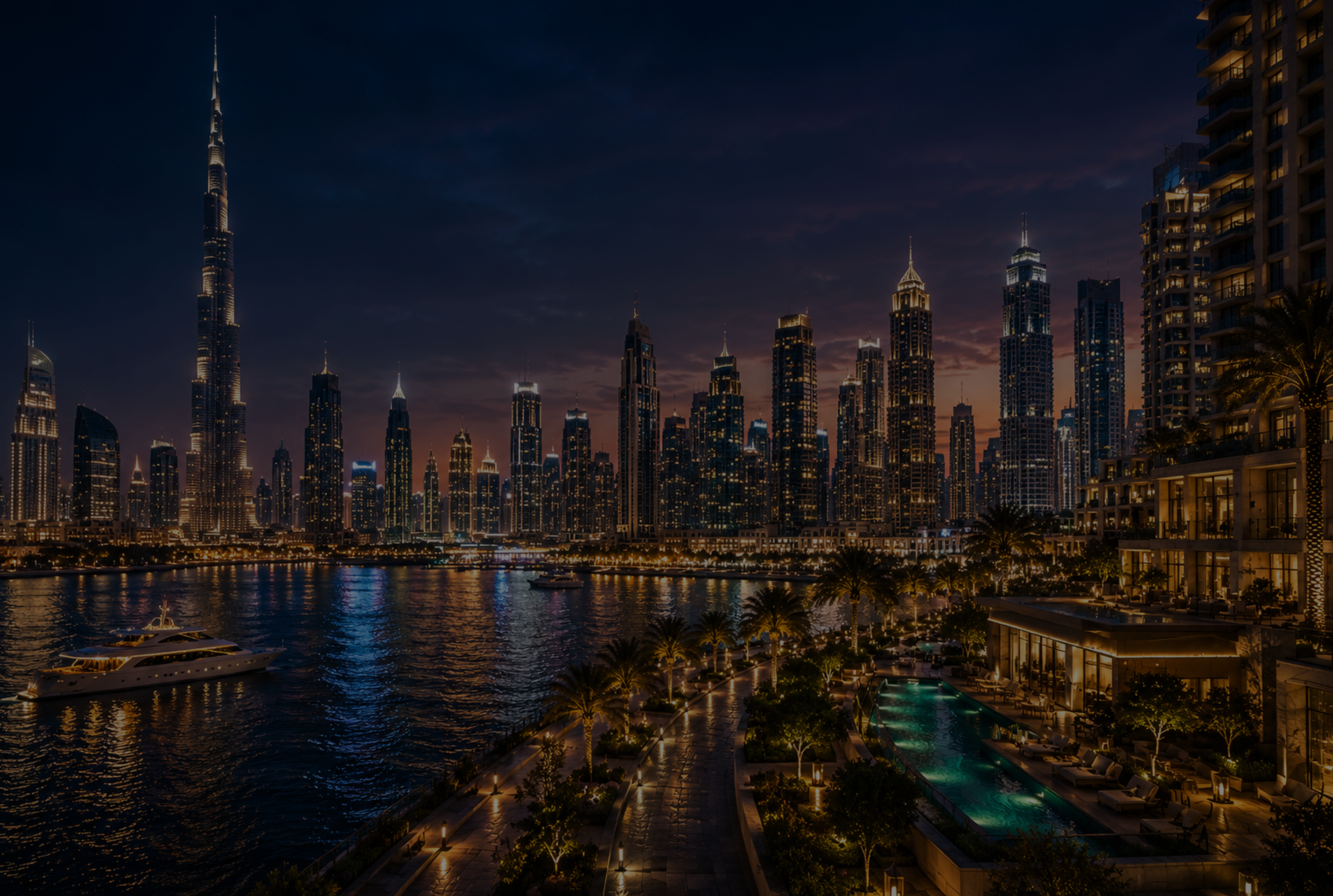 Illuminated residences at night with temple glow