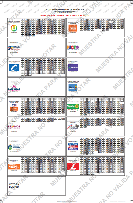 Tarjetón Senado Nacional 2026 - Vista previa