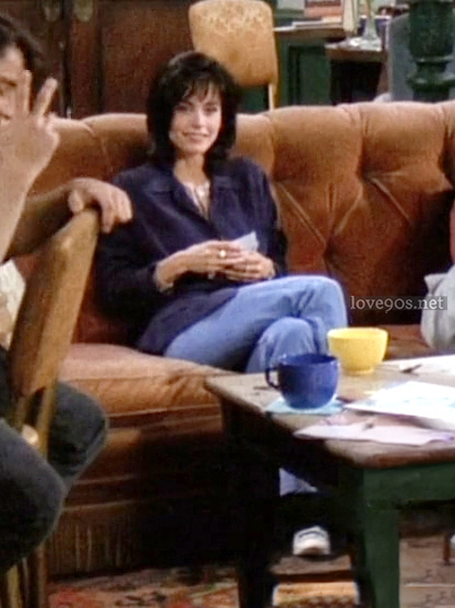 Monica Geller wearing navy blue blazer with denim jeans at Central Perk in Friends Season 1 Episode 1