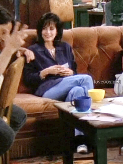 Monica Geller wearing navy blue blazer with denim jeans at Central Perk in Friends Season 1 Episode 1