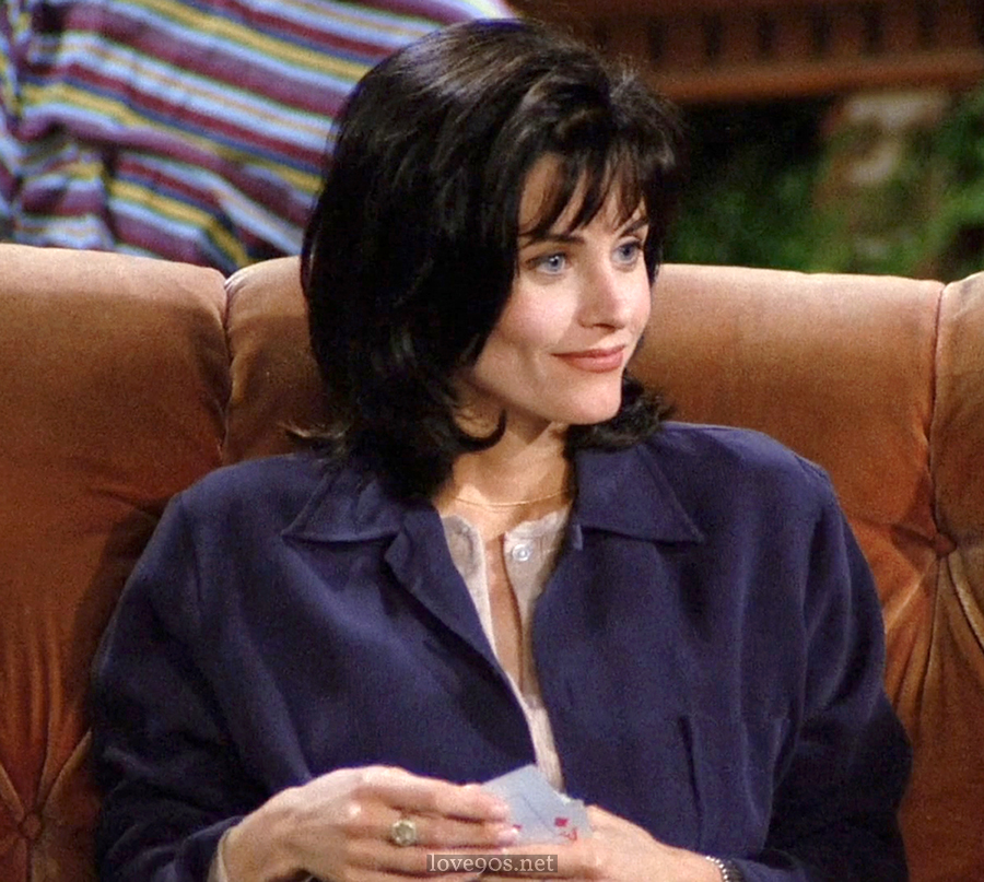 Monica Geller wearing navy blue blazer with denim jeans at Central Perk in Friends Season 1 Episode 1