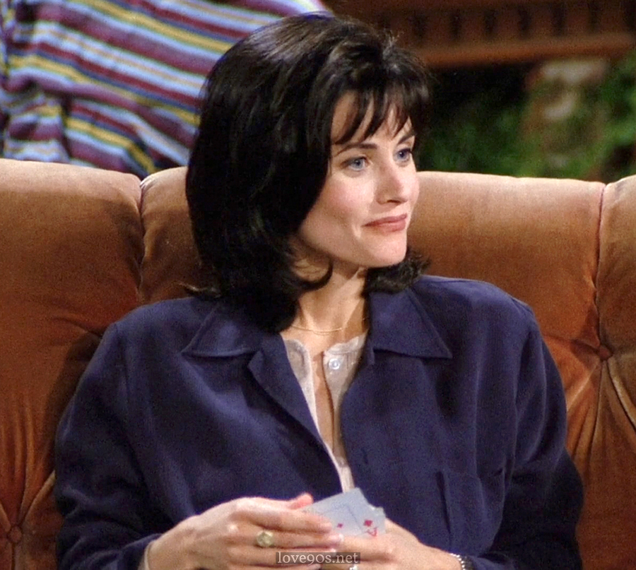 Monica Geller wearing navy blue blazer with denim jeans at Central Perk in Friends Season 1 Episode 1