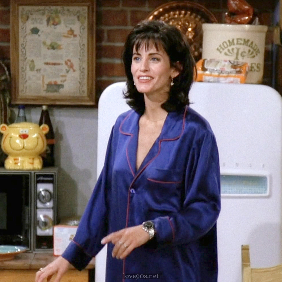 Monica Geller wearing navy silk pajamas with red piping in Friends Season 1 Episode 1