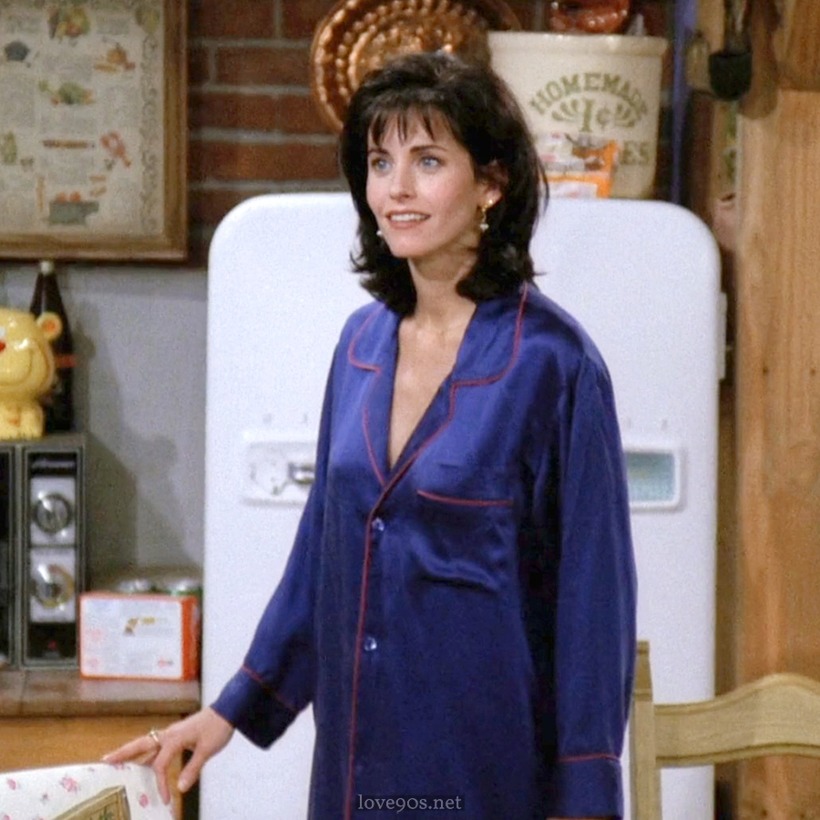 Monica Geller wearing navy silk pajamas with red piping in Friends Season 1 Episode 1