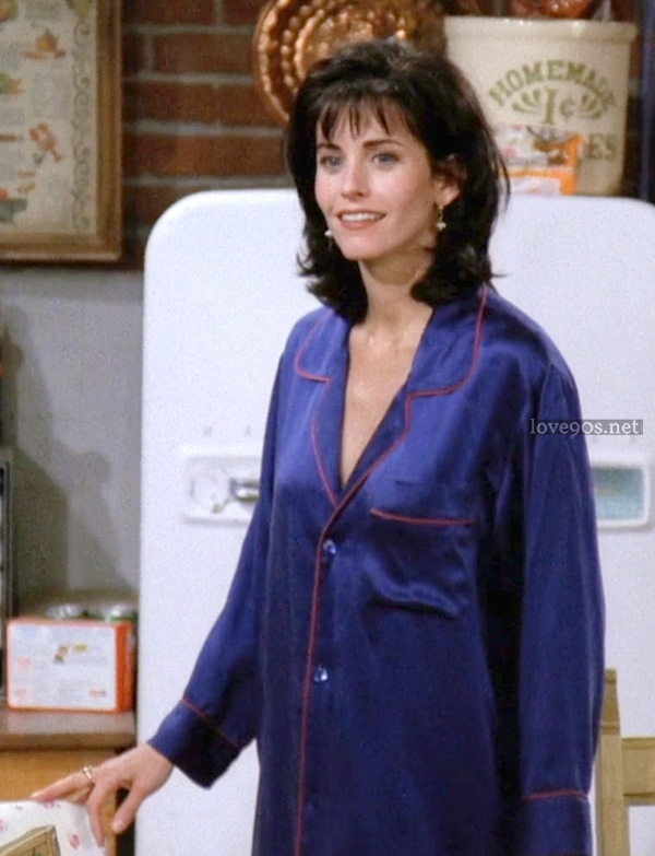 Monica Geller wearing navy silk pajamas with red piping in Friends Season 1 Episode 1
