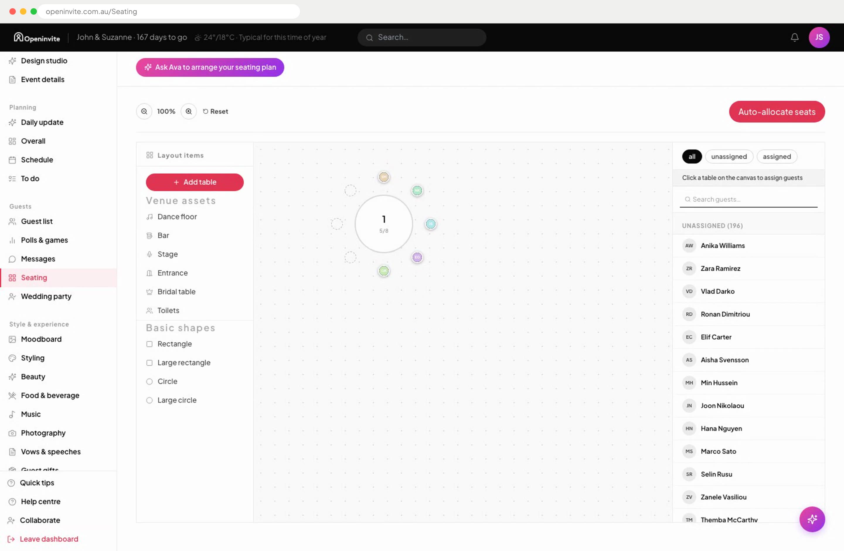Screen recording of the Openinvite seating canvas