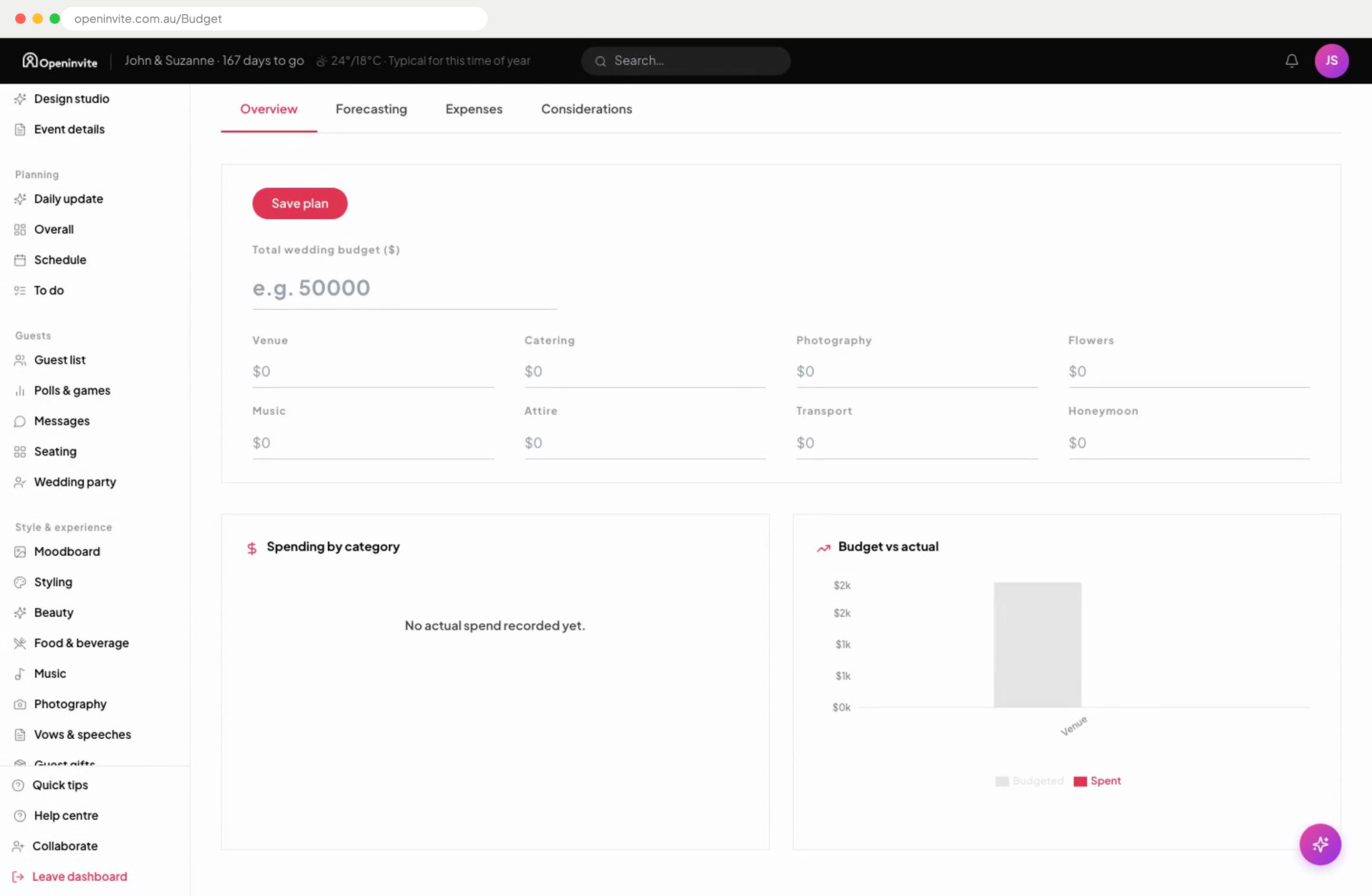 Screen recording of the real Openinvite budget tracker