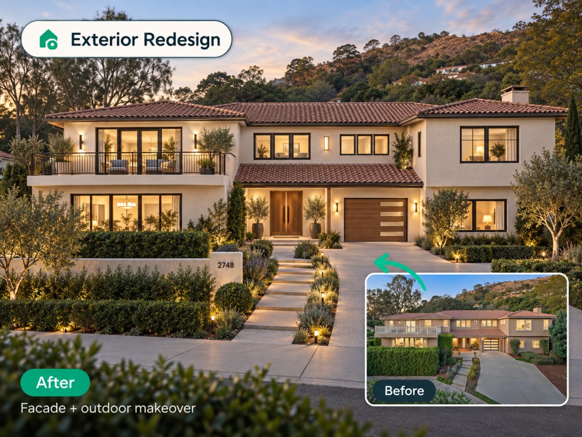 House exterior before and after AI redesign