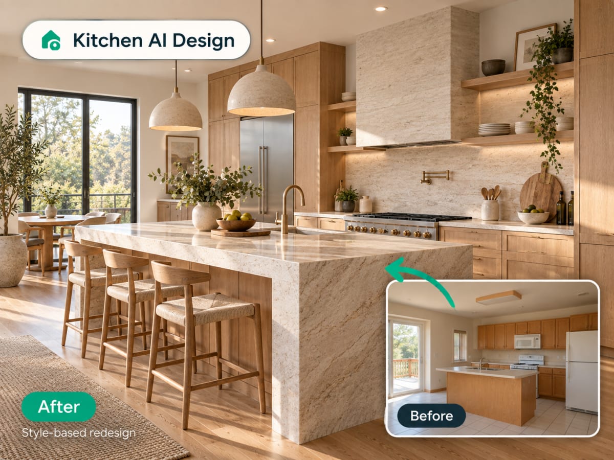 Kitchen before and after AI redesign