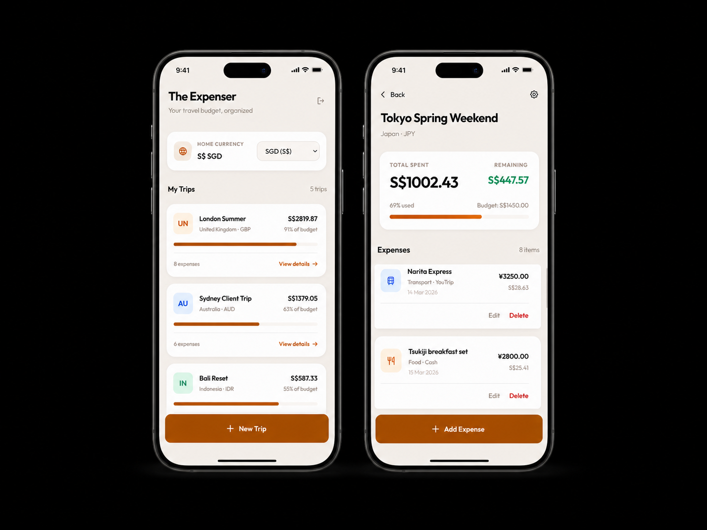 The Expenser travel expense app on two phones