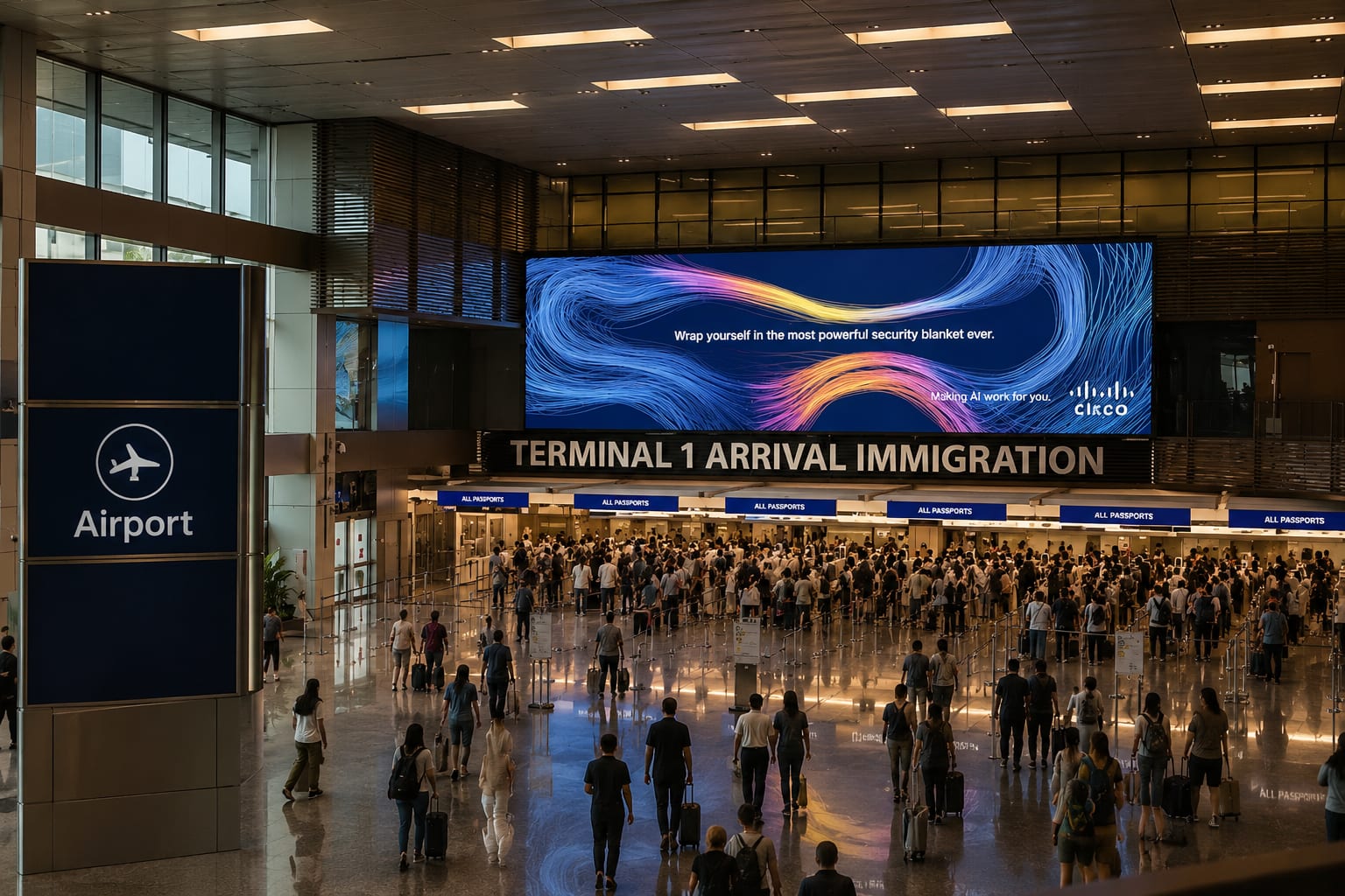 A passport at an automated border e-gate, or an airport immigration hall