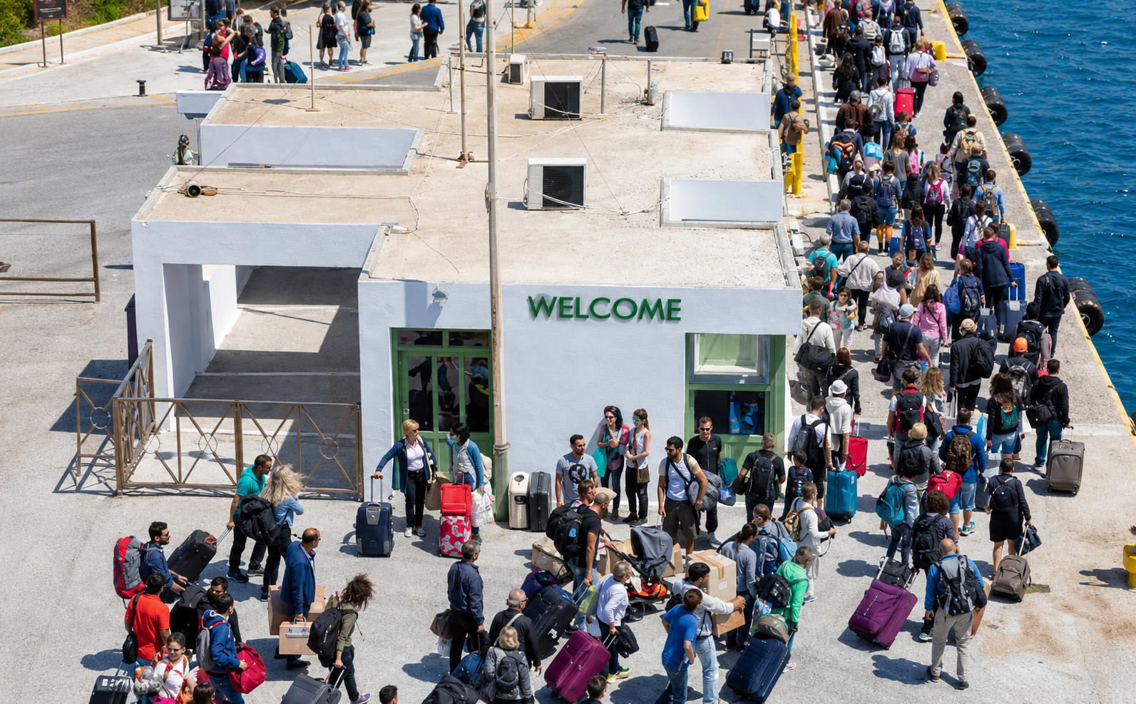 Travelers with luggage waiting at a busy Cycladic ferry port