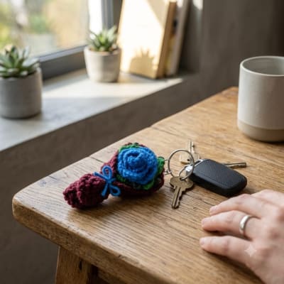Handmade Crochet Blue Rose Bouquet Keychain