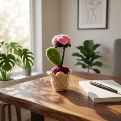 Handmade Crochet Mini Potted Pink Flower Plant for Car Dashboard, Office Desk & Room Decor