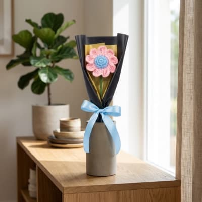 Handmade Crochet Pink & Blue Flower Mini Bouquet in Black & Gold Wrap for Gifting