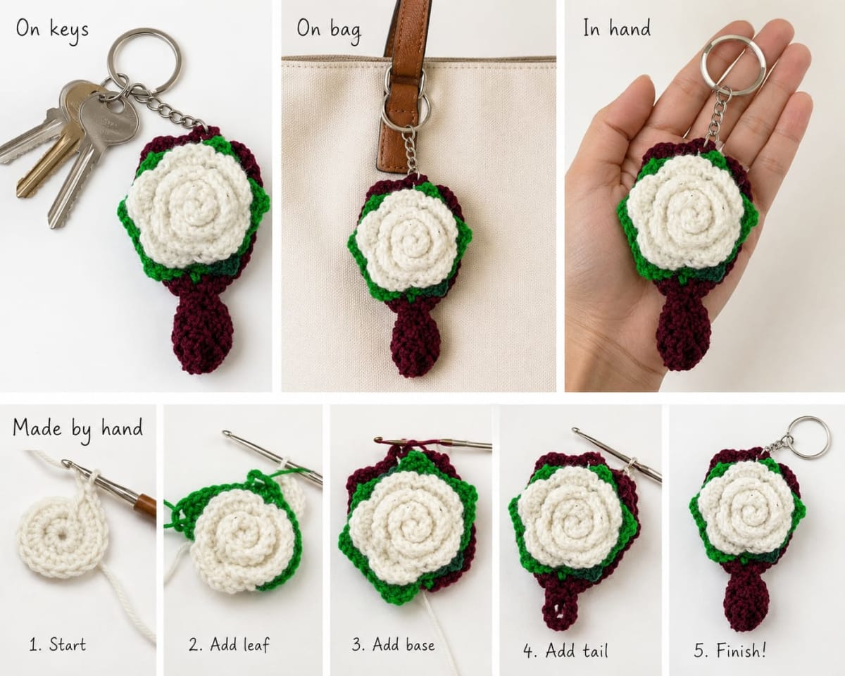 White Rose Bouquet Crochet Keychain