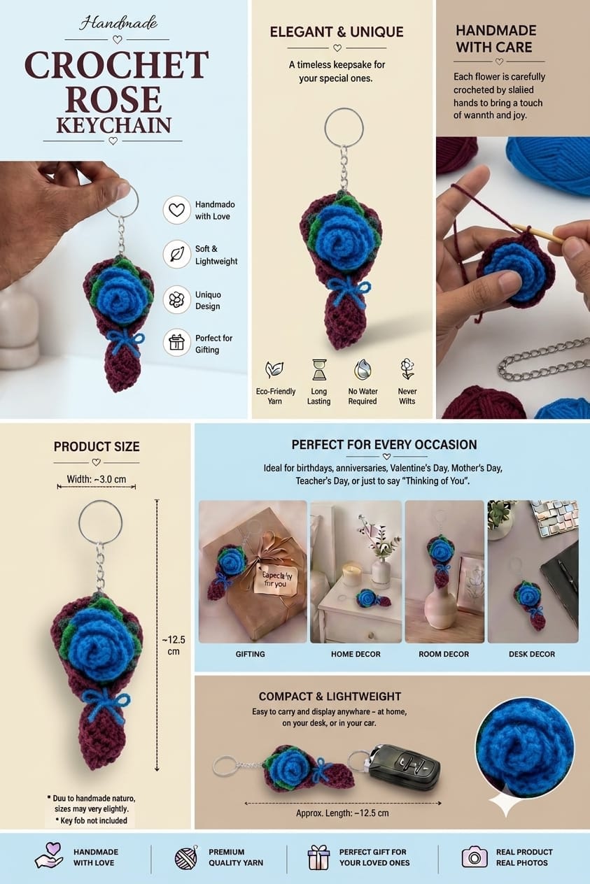 Handmade Crochet Blue Rose Bouquet Keychain