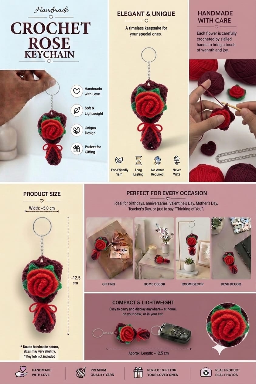 Handmade Crochet Red Rose Bouquet Keychain