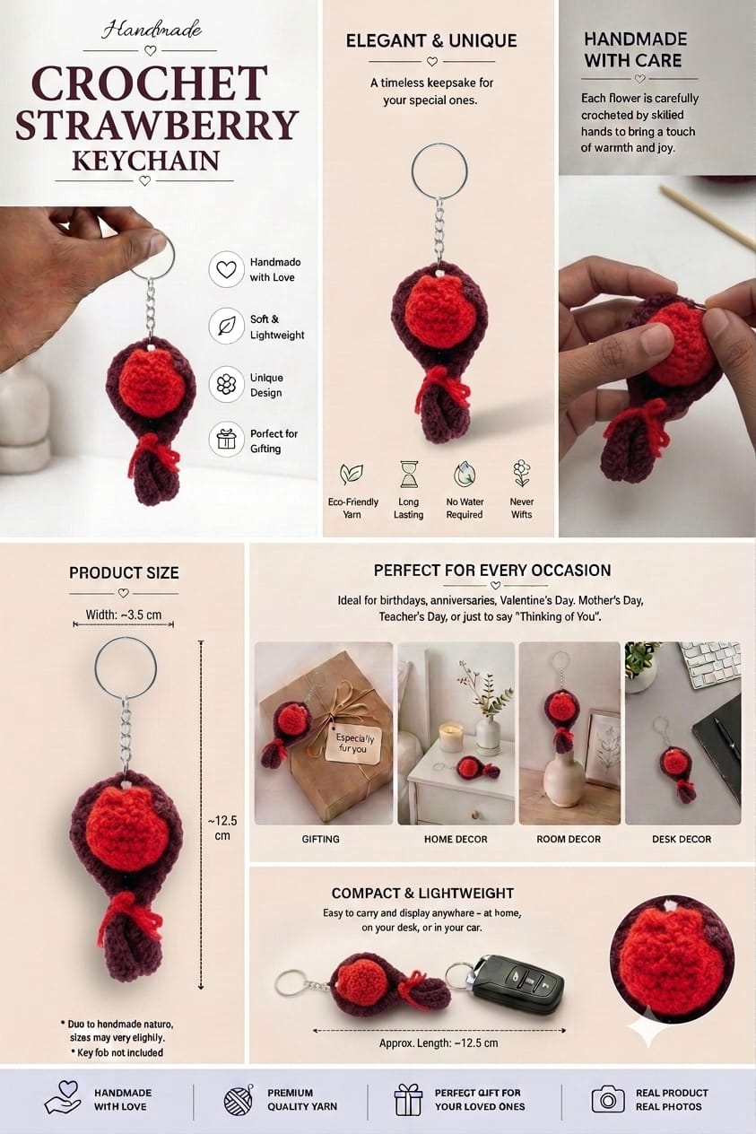 Handmade Crochet Red Tulip Bouquet Keychain