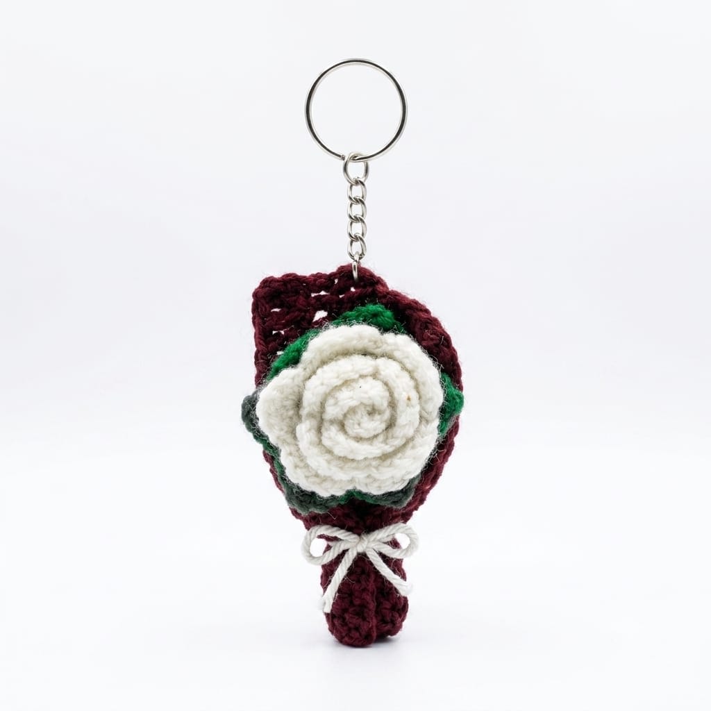 Handmade Crochet White Rose Bouquet Keychain