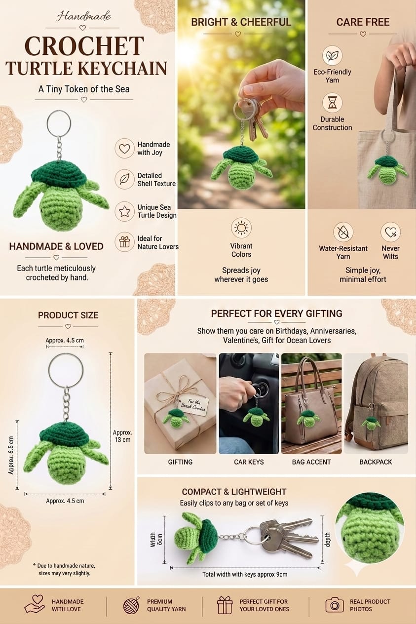 Handmade Crochet Green Turtle Keychain Cute Animal Bag Charm For Car Keys, Bags & Gifting