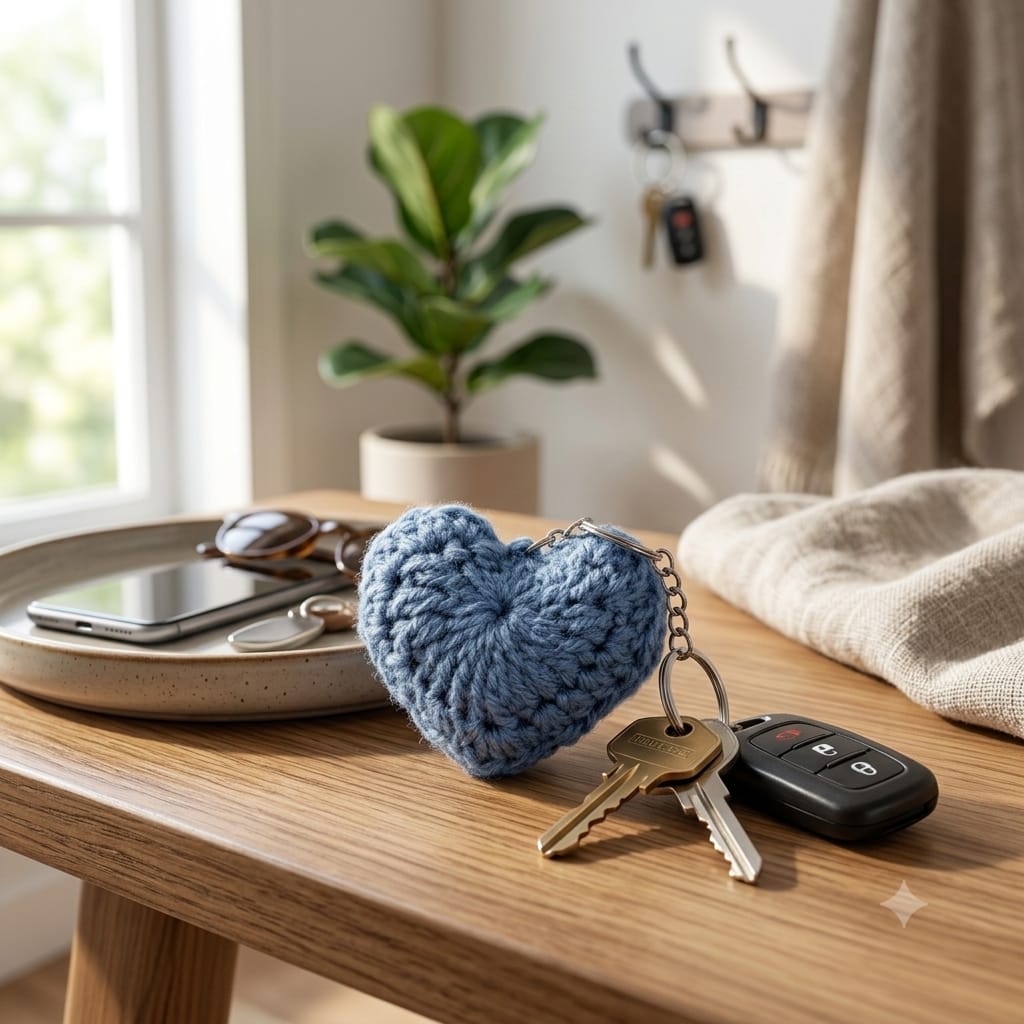 Handmade Crochet Blue Heart Keychain Soft Puffy Bag Charm For Car Keys, Bags & Gifting