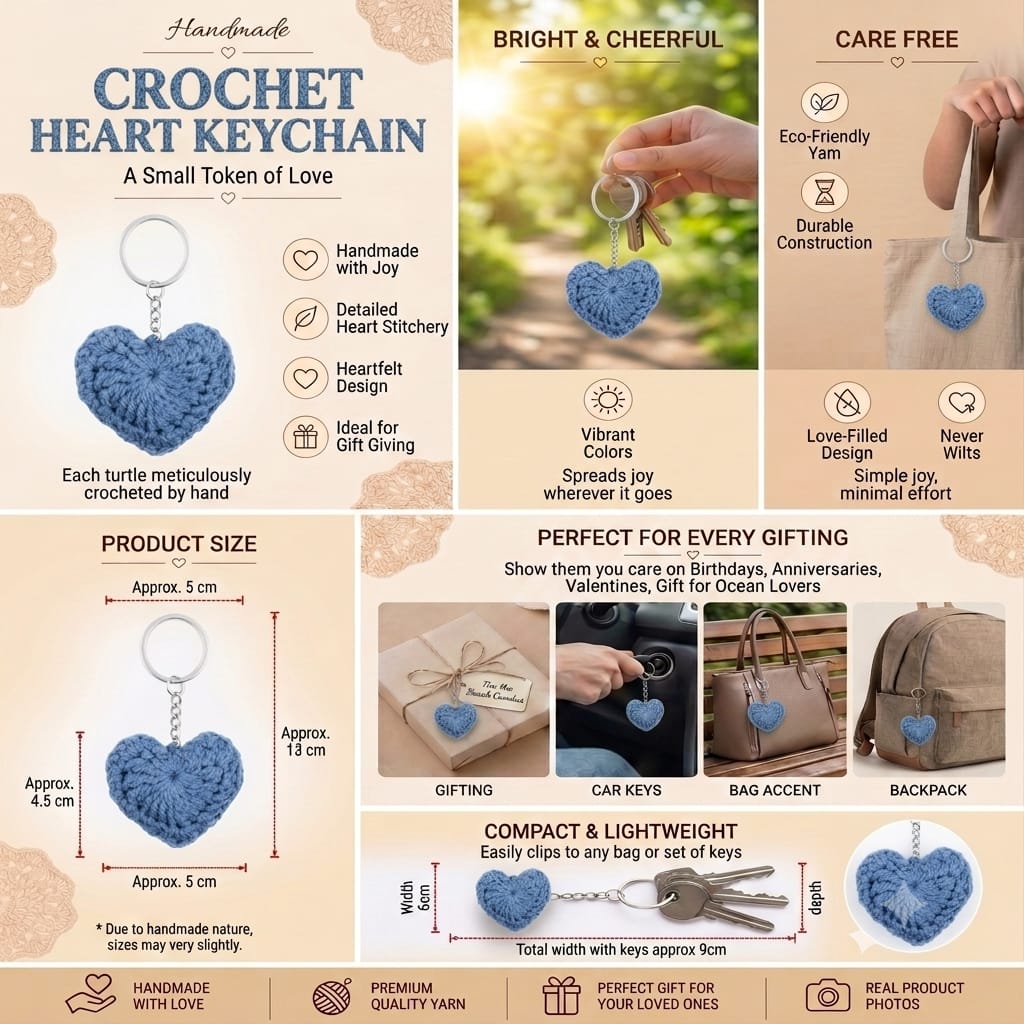 Handmade Crochet Blue Heart Keychain Soft Puffy Bag Charm For Car Keys, Bags & Gifting