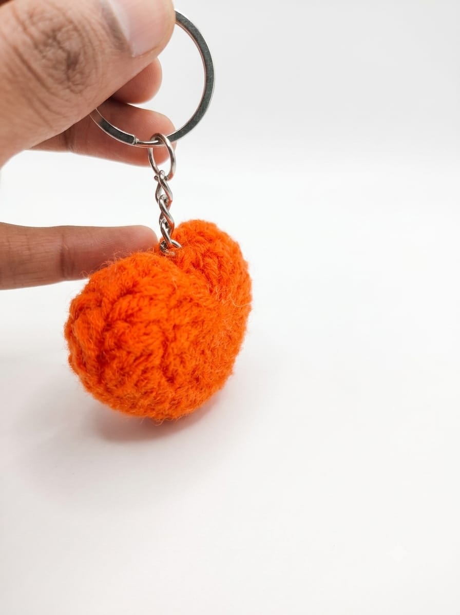 Handmade Crochet Orange Heart Keychain Soft Puffy Bag Charm For Car Keys, Bags & Gifting