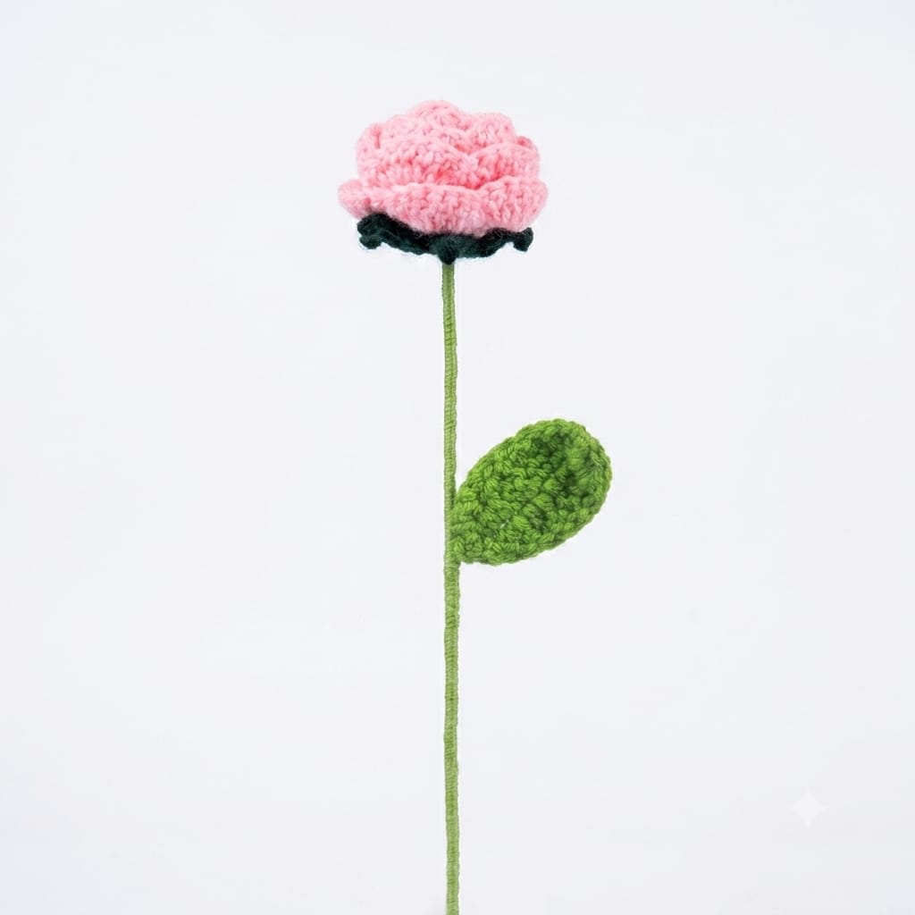 Handmade Crochet Pink Rose Flower Stem for Home Decor, Vase & Gifting