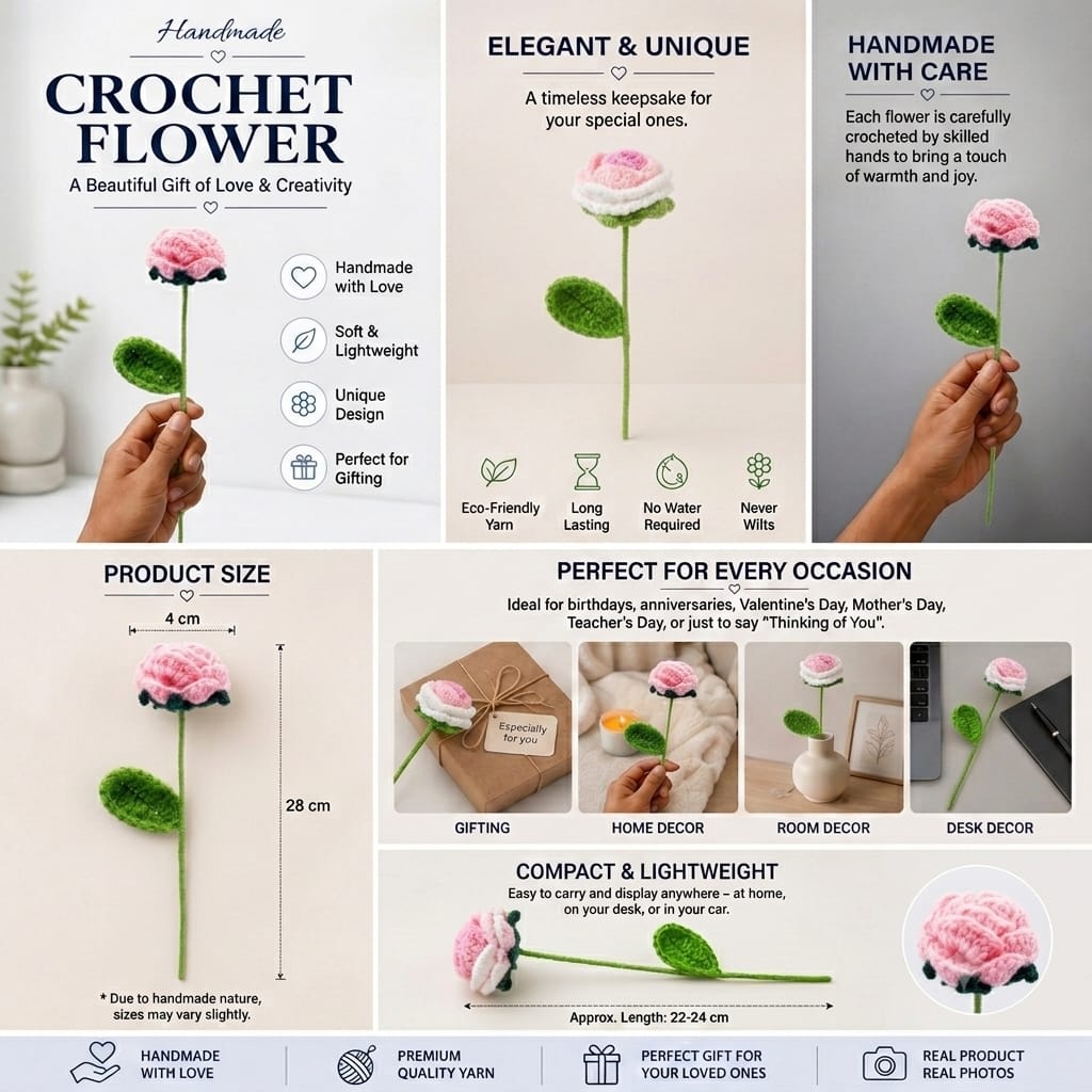 Handmade Crochet Pink Rose Flower Stem for Home Decor, Vase & Gifting