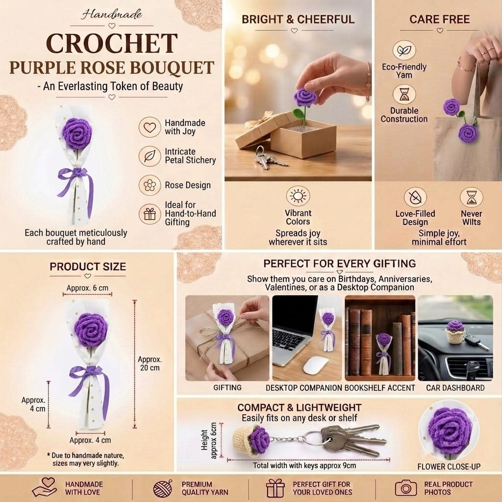 Handmade Crochet Purple Rose Mini Bouquet for Gifting & Home Decor