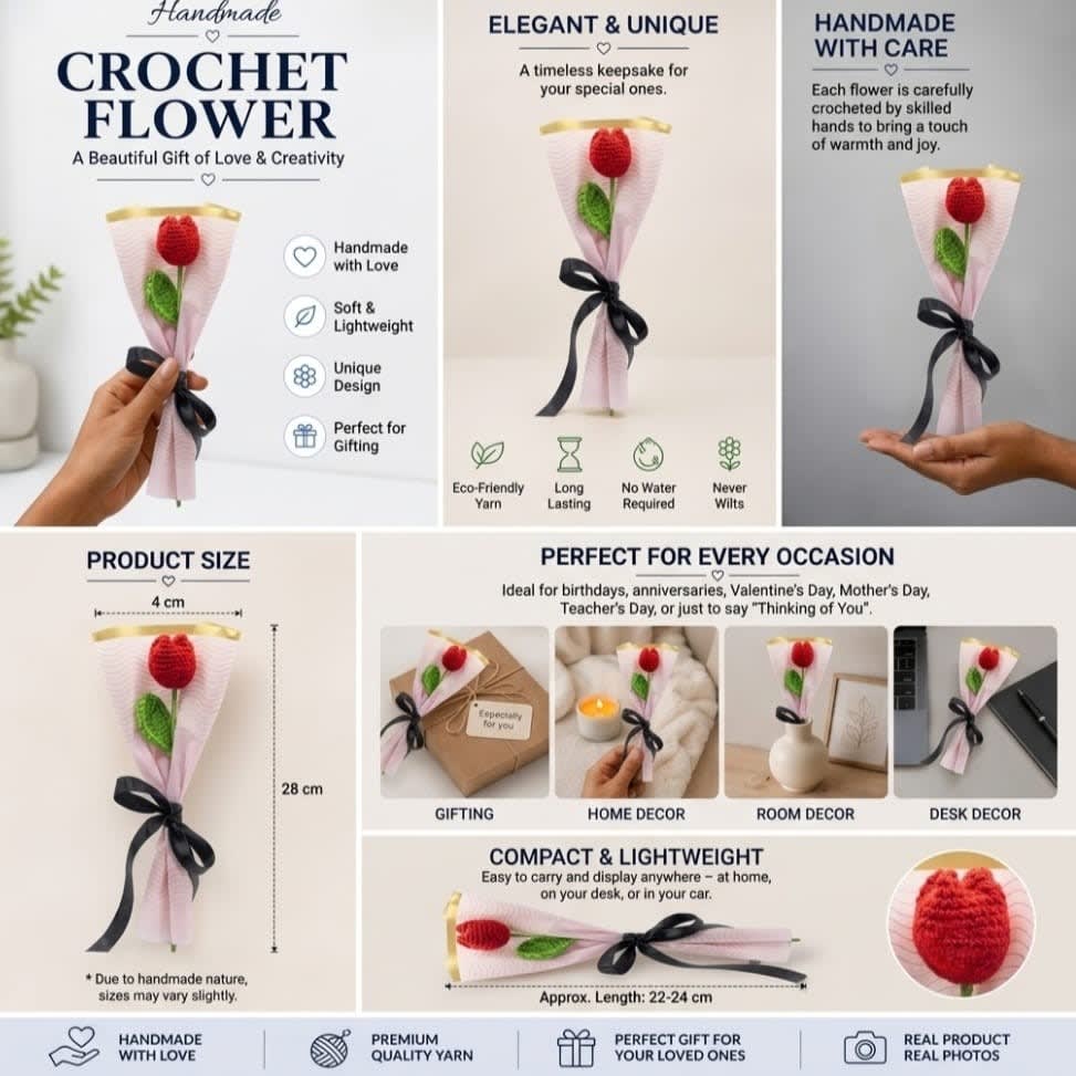 Handmade Crochet Red Tulip Flower Mini Bouquet for Gifting & Home Decor