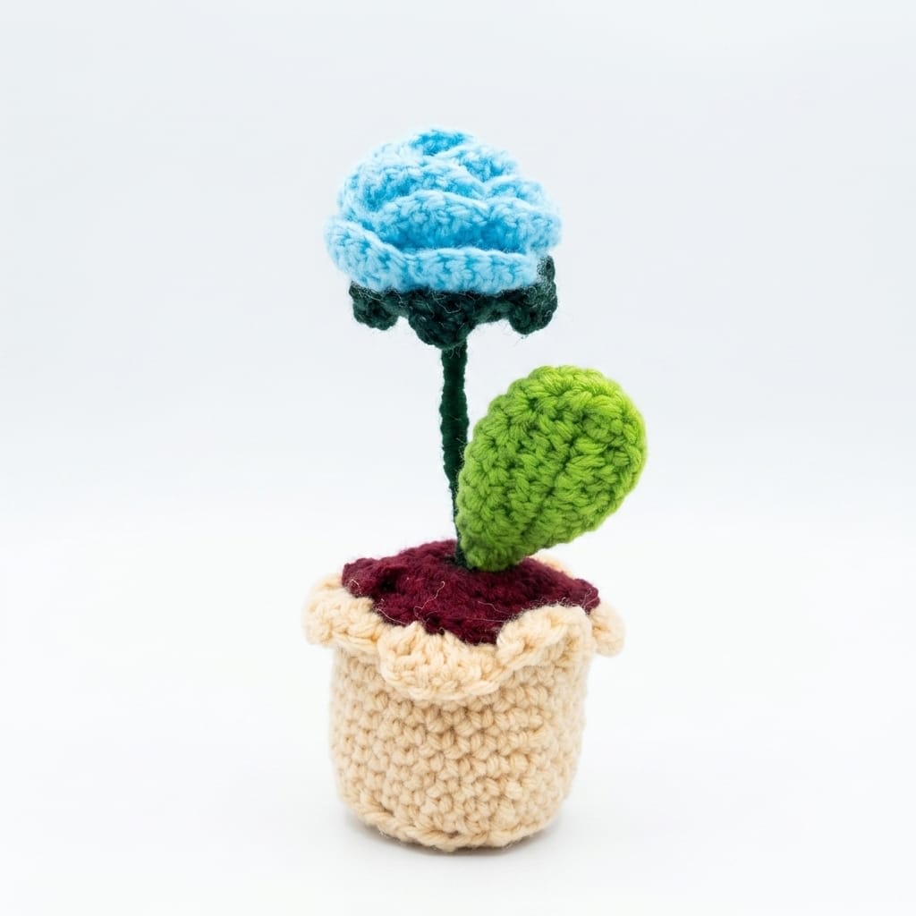 Handmade Crochet Mini Potted Light Blue Flower Plant for Car Dashboard, Office Desk & Room Decor