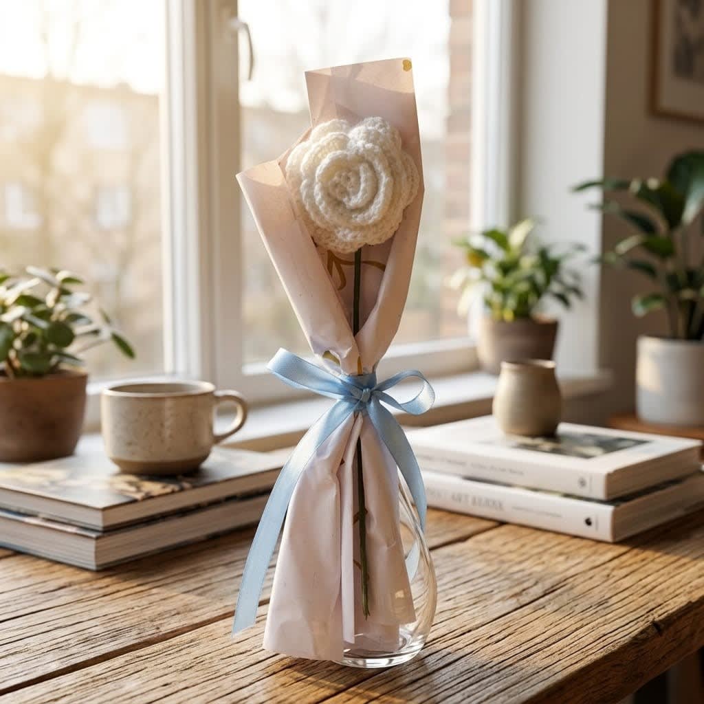 Handmade Crochet White Rose Bouquet