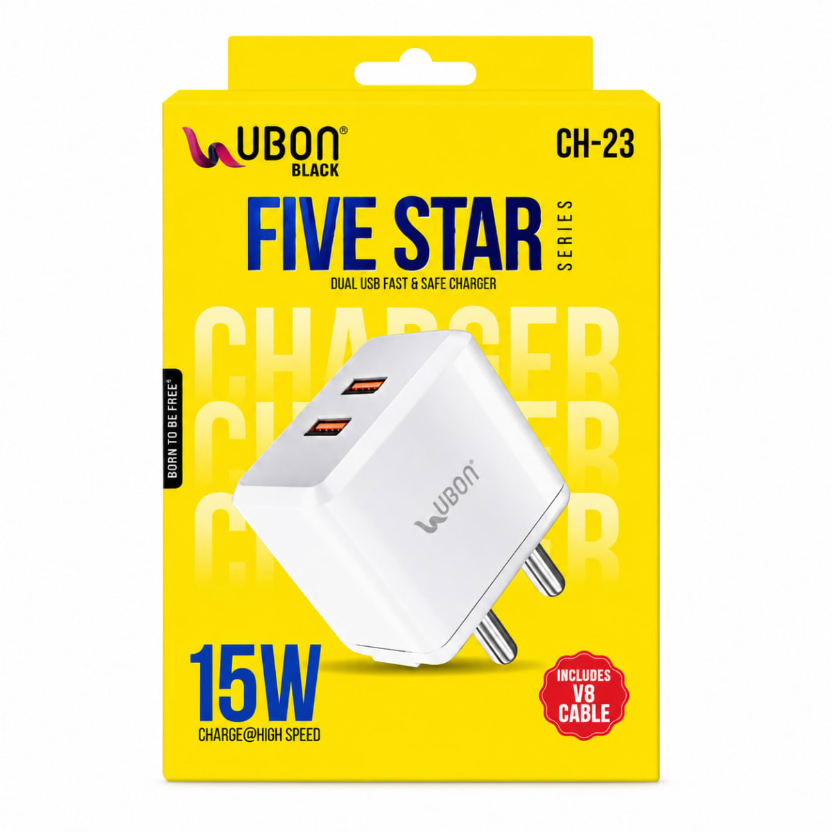 UBON CH-23 Black Five Star Series 15W Dual USB Fast Mobile Charger Adapter with V8 Cabl
