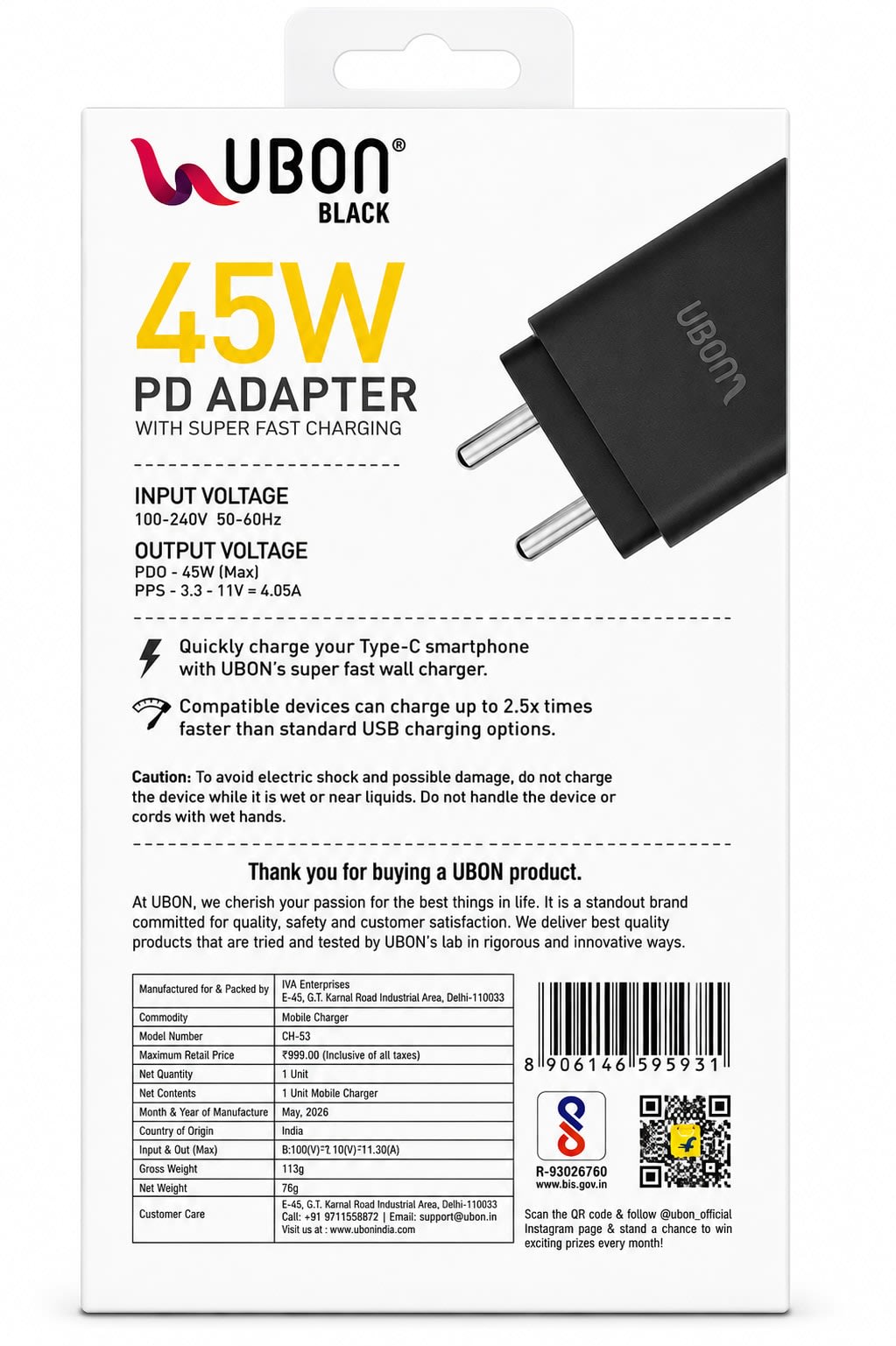 UBON Black CH-33 45W PD Adapter