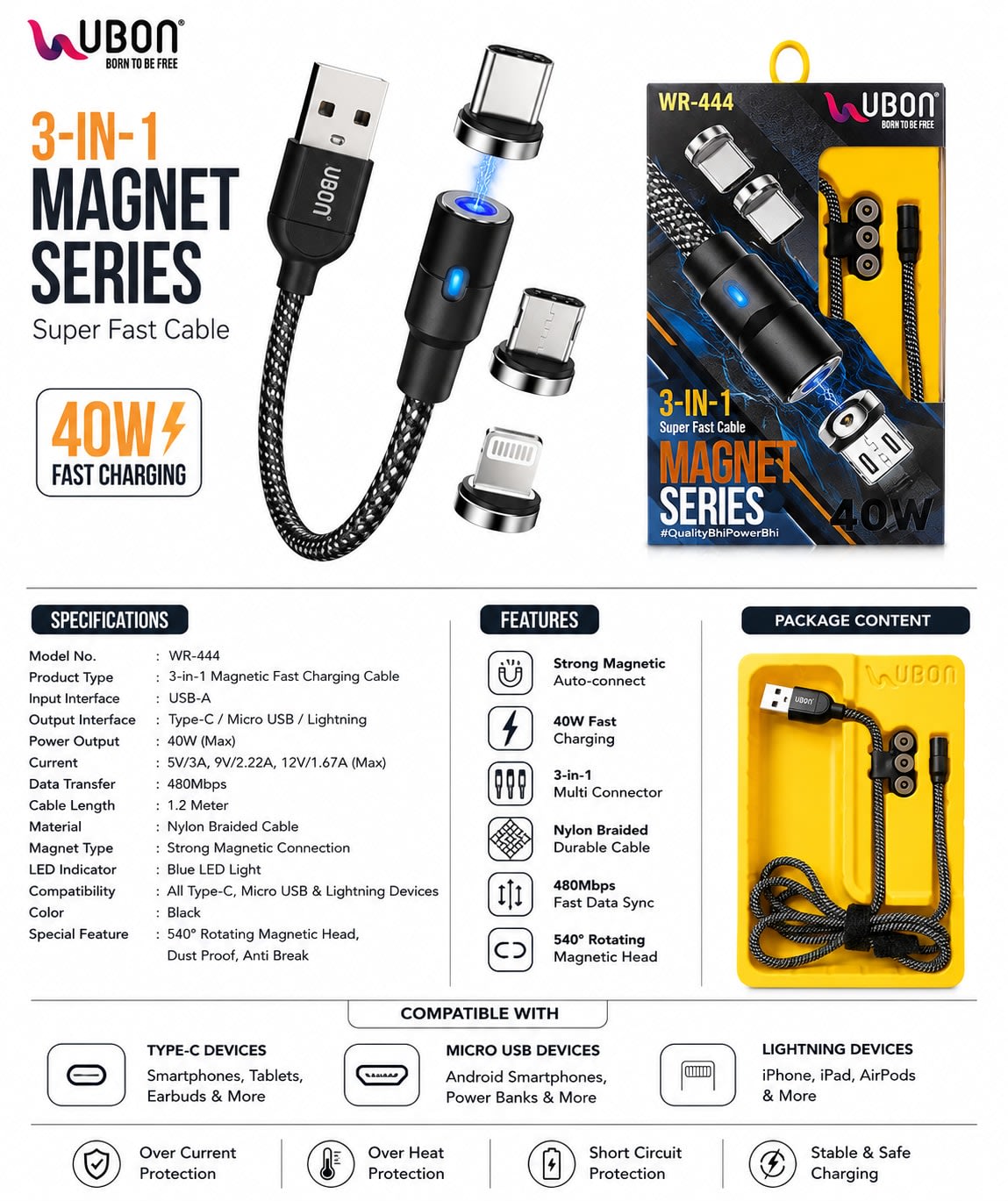 UBON Magnet Series 3-in-1 Magnetic Super Fast Charging Cable