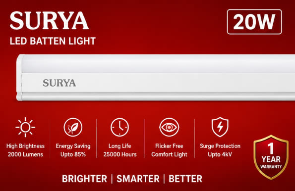 Surya 20W LED Tubelight – Bright White, Energy Saving