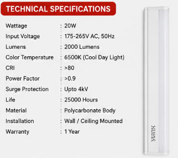Surya 20W LED Tubelight – Bright White, Energy Saving