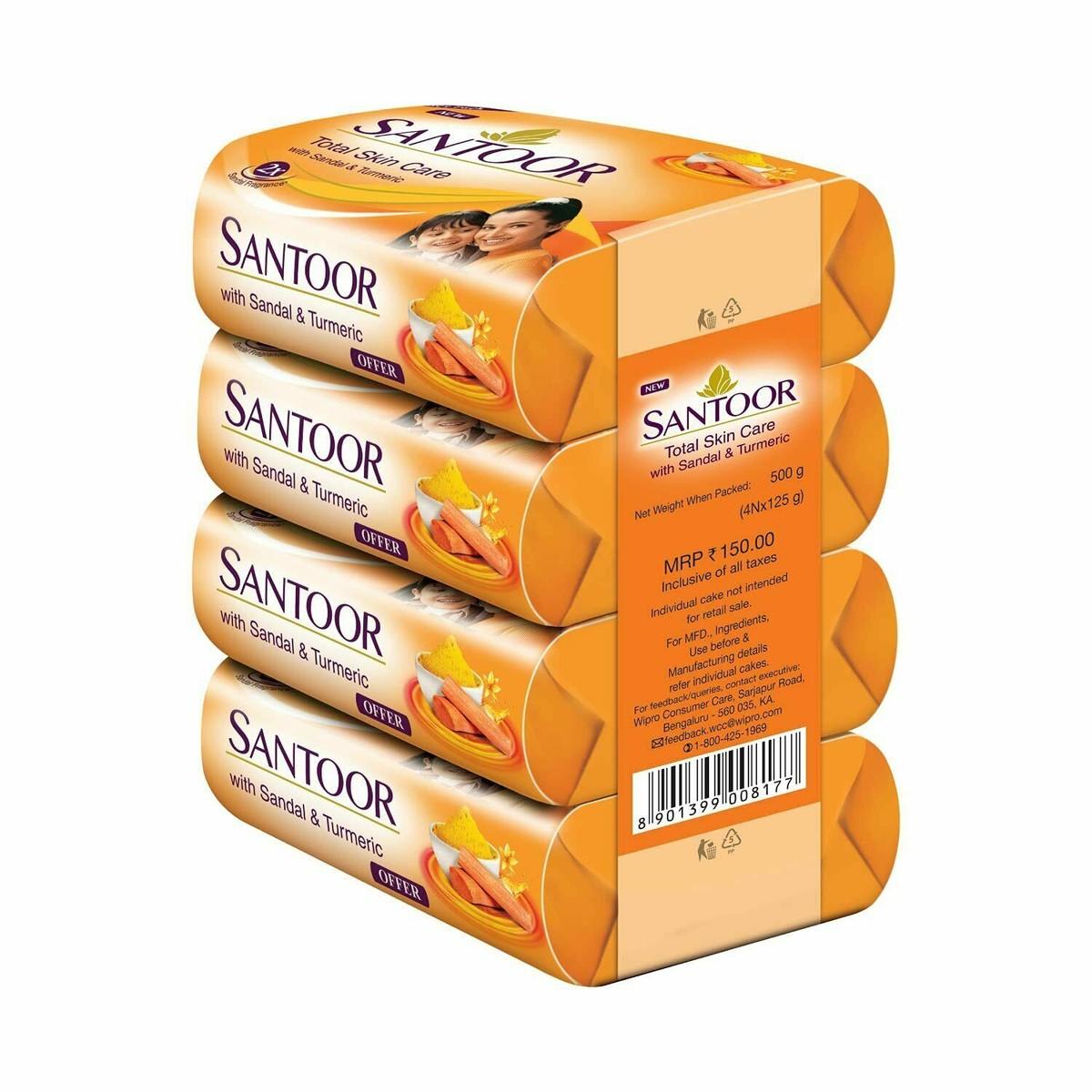 Santoor Sandal & Turmeric Bathing Soap – Pack of 4 | 100 g Each
