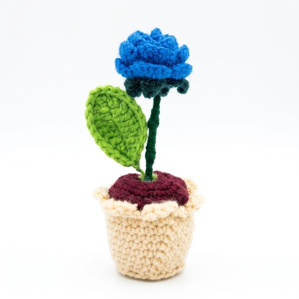 Handmade Crochet Blue Rose Flower in a Pot.
