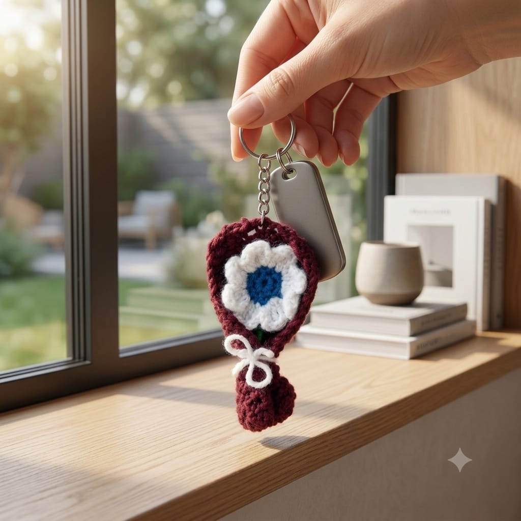 Handmade Crochet White Daisy Flower Bouquet Keychain