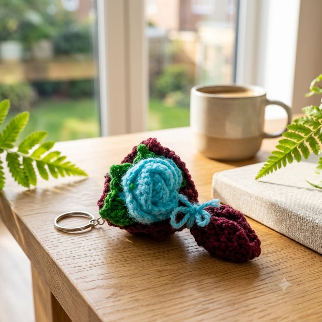 Handmade Crochet Light Blue Rose Bouquet Keychain